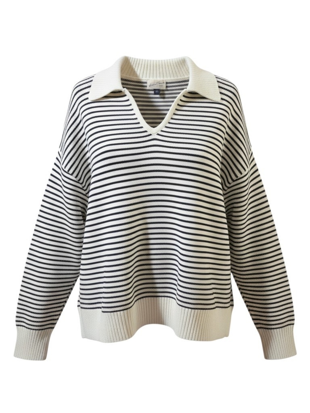 Striped Collared V-Neck Sweater - Black & White